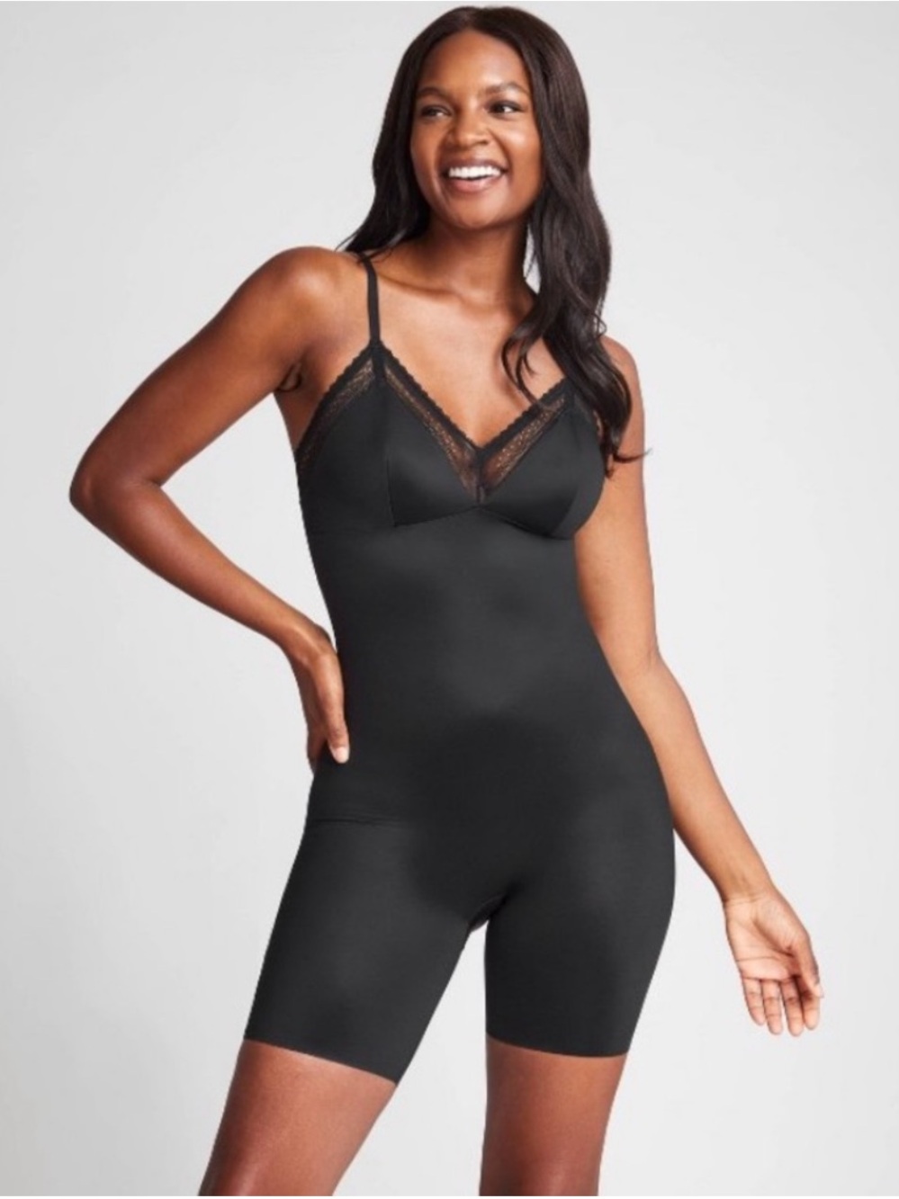 Spanx Mid thigh Bodysuit Classic Black built in Bra Shapwear Pullon New